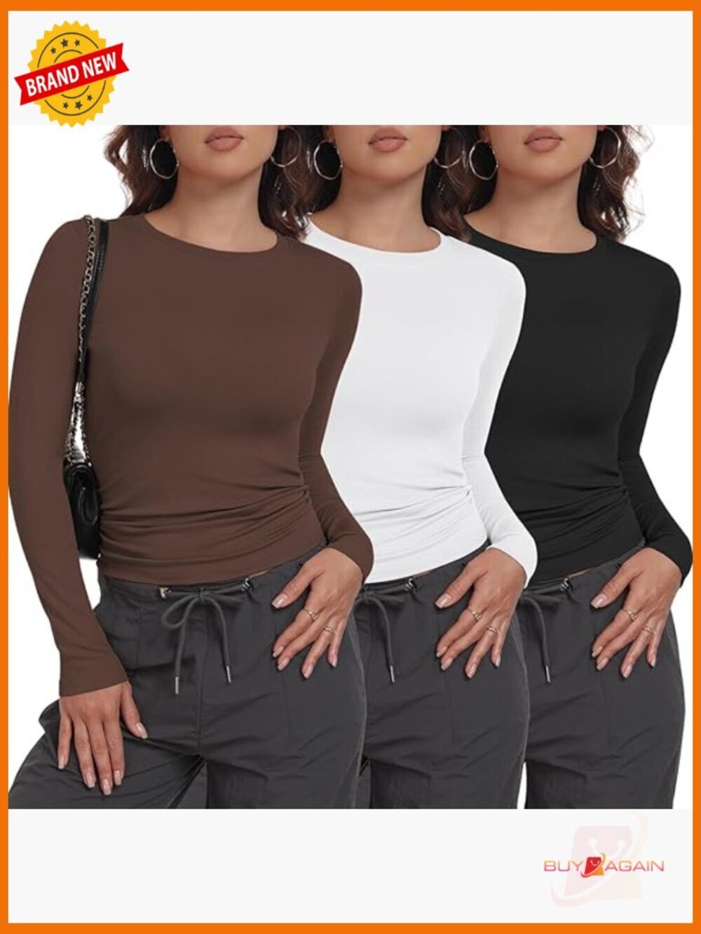 3 Pack Women's Long Sleeve Crew Neck Shirts Basic Stretchy Fitted Tops Y2K
